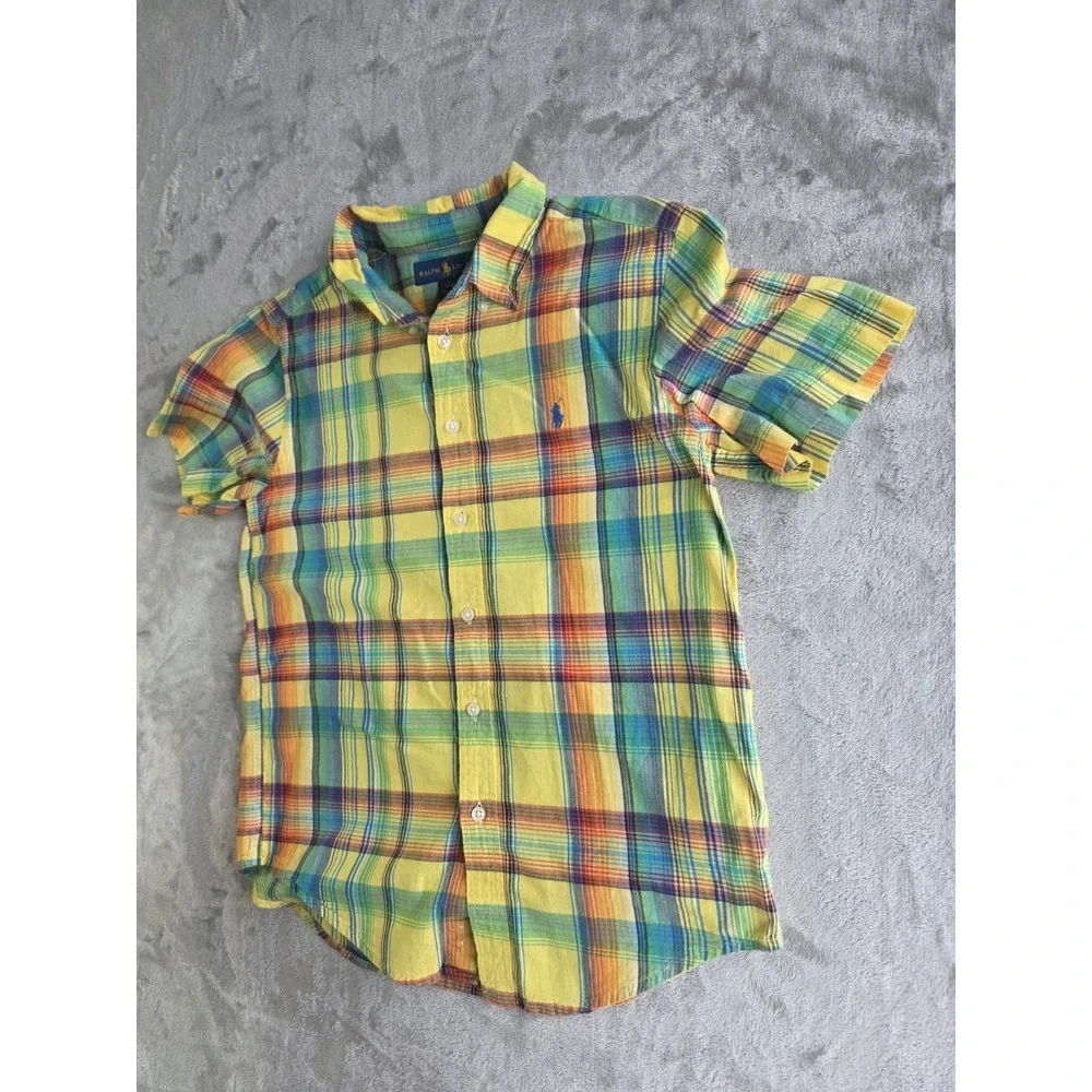 Polo Ralph Lauren Boys Button Up Shirt Plaid Yellow Blue Green Size Large 14-16